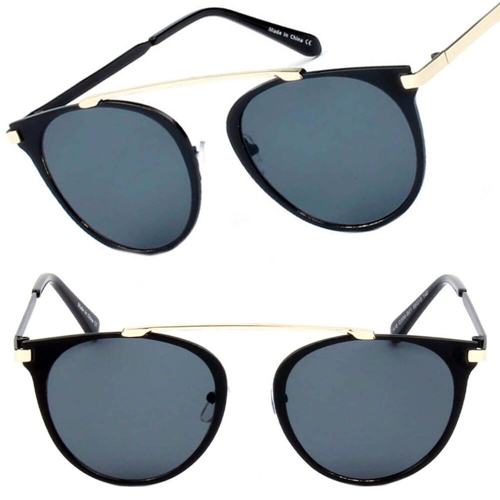Contemporary Minimalist High Brow-Bar Design Round Sunglasses Black Lens